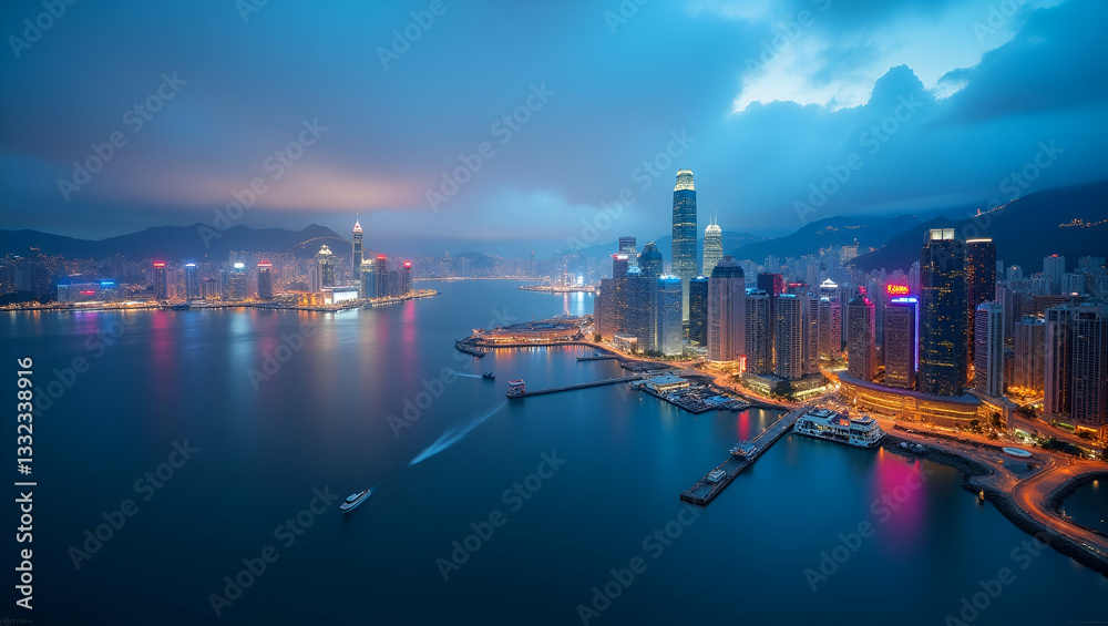 Obraz premium Vibrant Hong Kong Cityscape: Time Lapse Illustration of Victoria Harbour's Urban Skyline and Harbor Activity in a Cute Flat Vector Style for Smart Business Insights