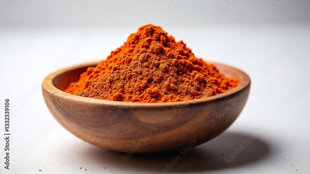 Rustic wooden bowl filled with vibrant paprika powder. isolated on a white background Rustic wooden bowl filled with vibrant paprika powder. isolated on a white background