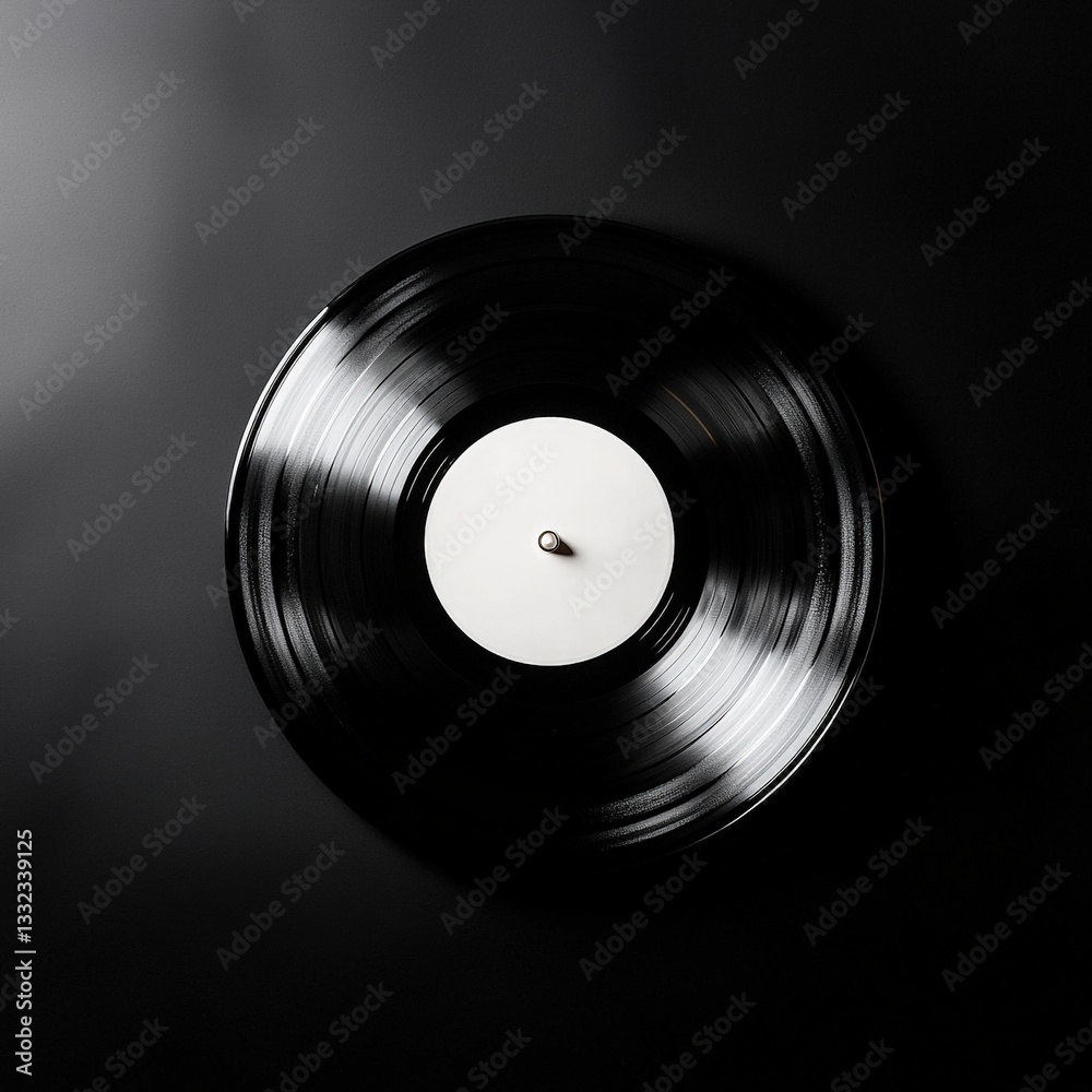 Obraz premium A close-up shot of a classic vinyl record, showcasing its intricate grooves and glossy surface. The record sits centered against a pure black background, emphasizing its details and textures.