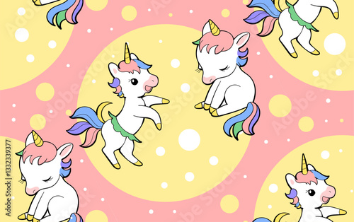 Seamless vector pattern with cute unicorns on vibrant background. Perfect for textile, wallpaper or print design.