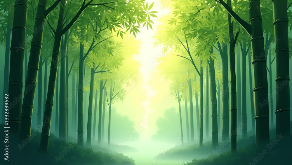 Naklejka premium Serene Watercolor Bamboo Forest with Dappled Sunlight - Perfect for Calming Nature Designs