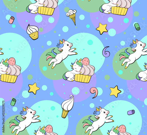 Seamless vector pattern with cute unicorns on vibrant background. Perfect for textile, wallpaper or print design.