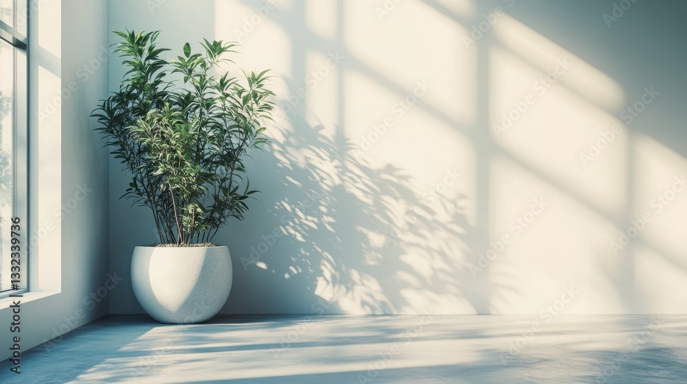 Fototapeta premium Modern interior with potted plant and soft shadows in sunlit room