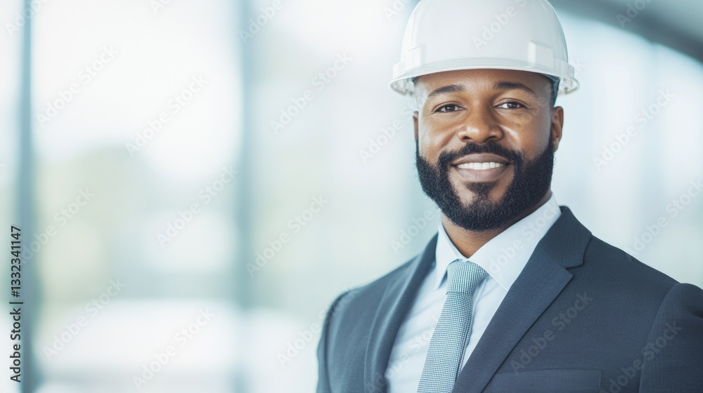 diverse occupational safety specialist wearing hard hat stands confidently blurred background copy space diverse occupational safety specialist wearing hard hat stands confidently blurred background copy space