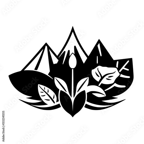 Simplified monochrome botanical and mountain logo design featuring stylized plant with flower and leaf details integrated with minimalist mountain peaks on a white background.
