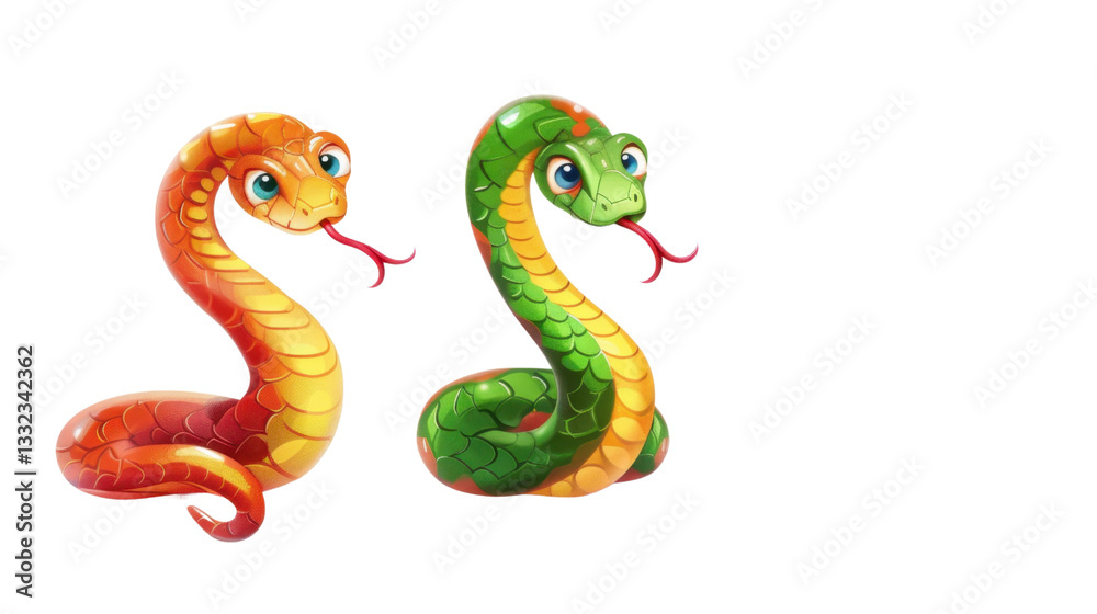 Fototapeta premium Two cartoon snakes sticking out tongue on transparent background