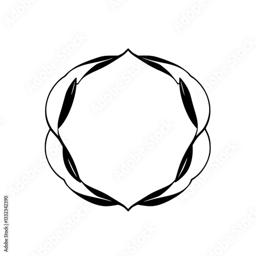 Symmetrical Black & White Botanical Design: An elegant, minimal circular frame composed of interwoven stylized leaves, evoking nature and purity.