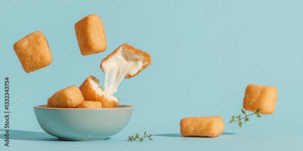 Fototapeta premium Cheese Bites: A delightful display of golden-brown cheese bites seemingly levitating in mid-air, with one cut open revealing its melted cheese, presented on a blue bowl.