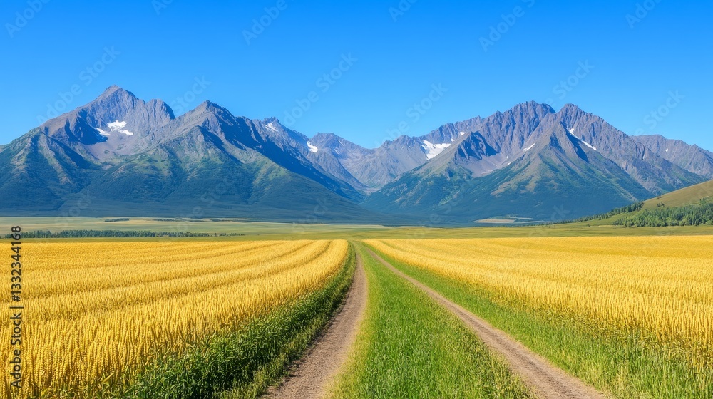 Fototapeta premium Golden wheat field leading to majestic mountains under a clear blue sky, serene landscape