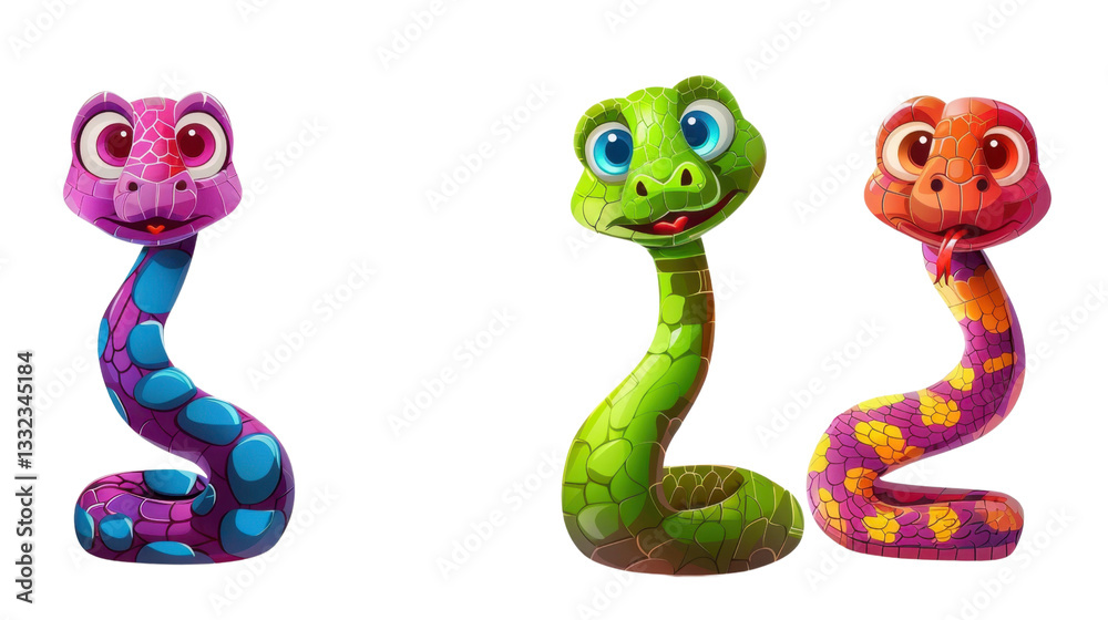 Fototapeta premium Three cartoon snakes posing on transparent background