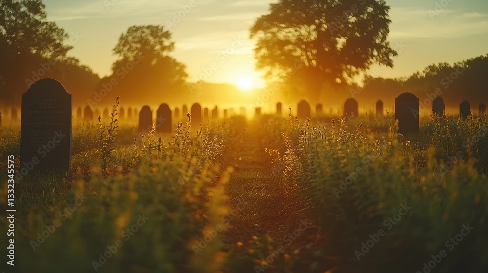 Fototapeta premium Sunrise over misty graveyard, rows of headstones