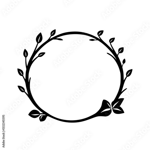 A minimalist black circular floral wreath illustration, featuring detailed leaf patterns and clean design on a stark white background.