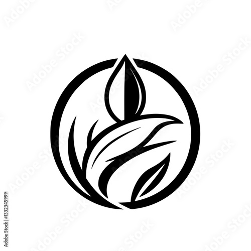 Black and white minimalist logo featuring a leaf-like design enclosed in a circle, evoking nature's purity and growth, suitable for eco-friendly brands.