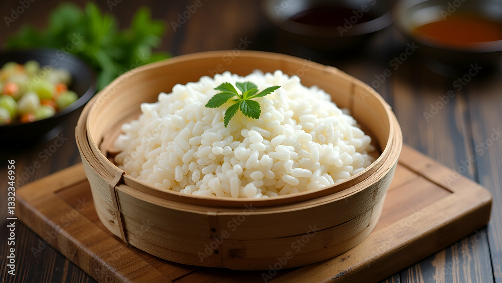 Delight in Traditional Thai Cuisine: Flat Sticky Rice in a Woven Bamboo Basket - A Cultural Presentation on a Wooden Panel in Cute Vector Style Delight in Traditional Thai Cuisine: Flat Sticky Rice in a Woven Bamboo Basket - A Cultural Presentation on a Wooden Panel in Cute Vector Style