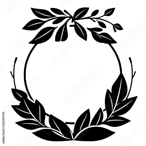 A symmetrical black and white wreath design composed of stylized leaves and branches forming a circular frame for decorative purposes.