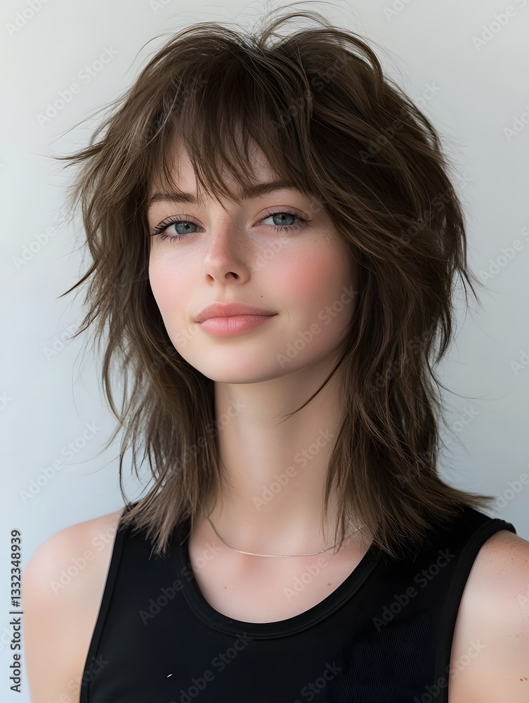 Young woman with a modern tousled shag haircut and retro-inspired style Young woman with a modern tousled shag haircut and retro-inspired style