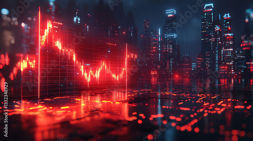Futuristic Cityscape at Night with Red Stock Market Graph Overlay Digital Financial Investment Concept