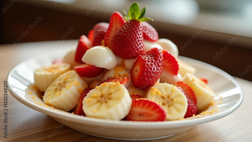 Indulge in a Colorful Flat Tempting Banana Split Sundae: A Dish of Fresh Strawberries, Tangy Lemon Sauce, and Creamy Scoops - A Cute Vector Illustration of Vibrant Fruit Flavors and Dessert Fun Indulge in a Colorful Flat Tempting Banana Split Sundae: A Dish of Fresh Strawberries, Tangy Lemon Sauce, and Creamy Scoops - A Cute Vector Illustration of Vibrant Fruit Flavors and Dessert Fun