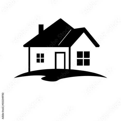Simple black and white house illustration, modern and minimalist, set on a small hill or mound with a plain white background, perfect for logo design.