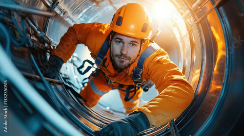 Climbing technician in safety gear inside wind turbine, focused and determined