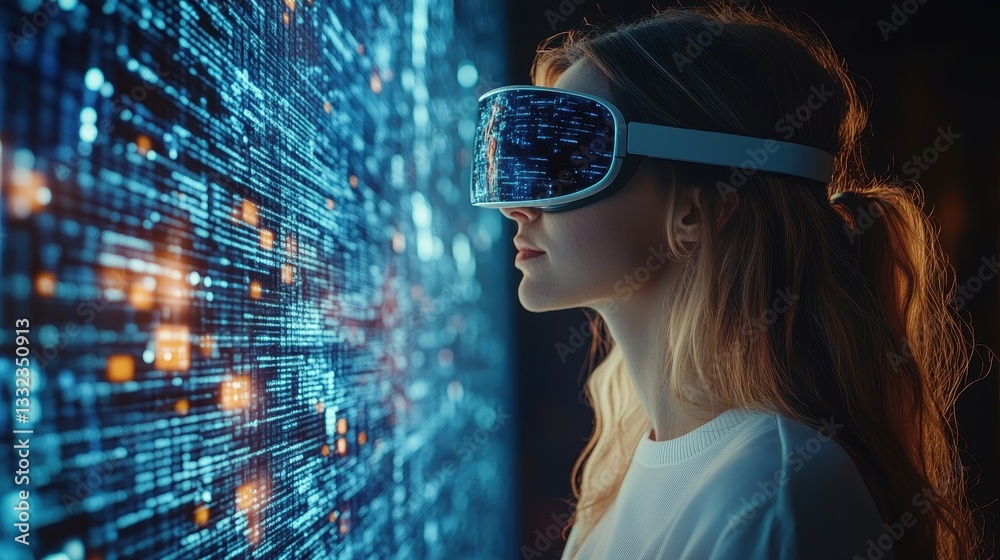 Young caucasian female experiencing virtual reality in a futuristic digital environment Young caucasian female experiencing virtual reality in a futuristic digital environment