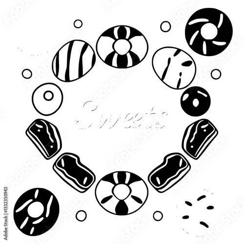 Artistic sweets illustration: donuts, candies, and treats arranged in a circular design with a "Sweets" text in the center, creating a playful, minimalist composition.