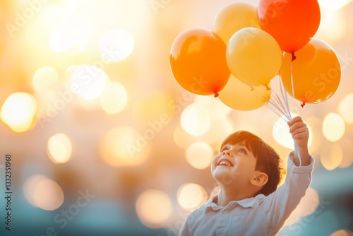 A child holding onto a string of floating balloons, looking up in awe as they gently pull them closer