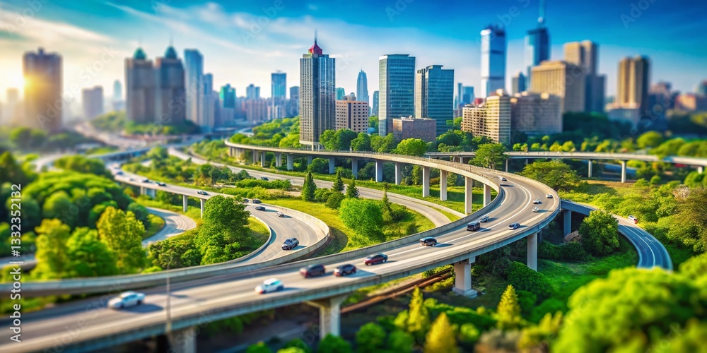 Tilt-Shift Cityscape: Curve Bridge Road to Skyscrapers, Sunny Summer Day Tilt-Shift Cityscape: Curve Bridge Road to Skyscrapers, Sunny Summer Day