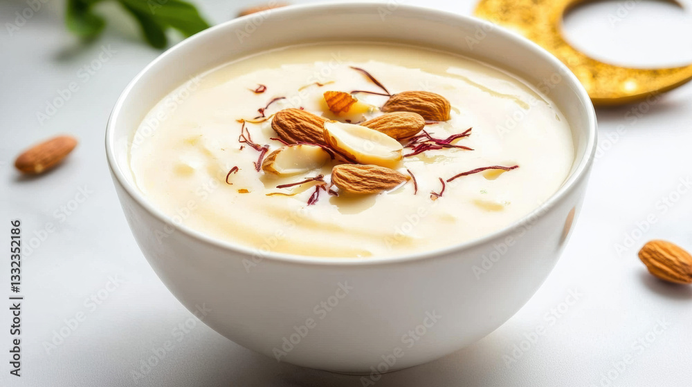 Traditional Indian Kheer with Almonds and Saffron, Elegantly Placed on a White Marble Surface – Festive Eid-ul-Fitr Sweet Traditional Indian Kheer with Almonds and Saffron, Elegantly Placed on a White Marble Surface – Festive Eid-ul-Fitr Sweet