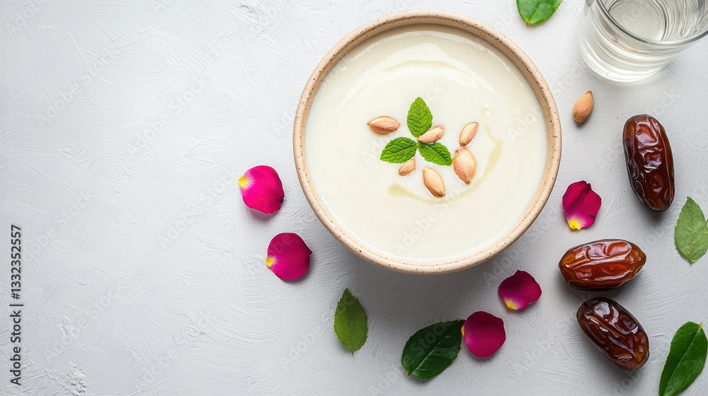 Traditional Kheer Served with Dates and Water, Styled with Soft Ramadan Aesthetics – Minimal Iftar Dessert. Traditional Kheer Served with Dates and Water, Styled with Soft Ramadan Aesthetics – Minimal Iftar Dessert.