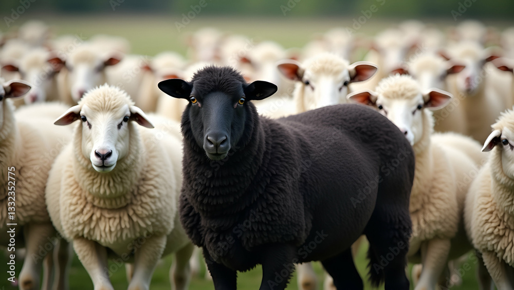 Fototapeta premium Black Sheep Standing Out in a Flock of White Sheep - Stock Photo
