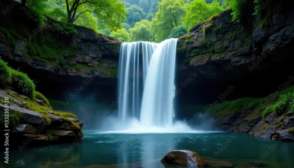 Isolated waterfall cascades down, black backdrop, studio, object Isolated waterfall cascades down, black backdrop, studio, object