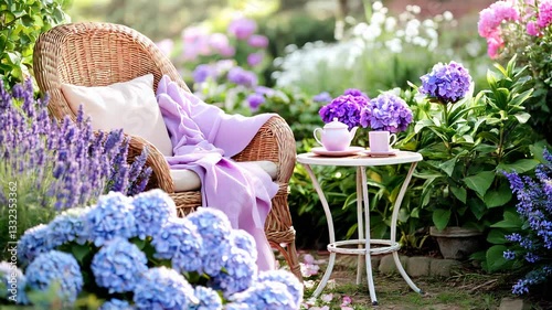 A romantic Provence garden nook with a cozy wicker chair draped in a soft blanket, a small tea table, and lush hydrangeas in full bloom