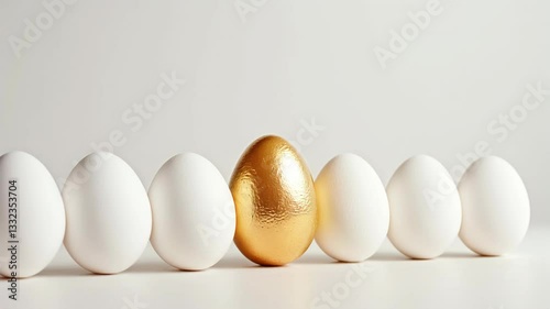 A single golden egg stands out among a row of plain white eggs, glowing under soft light, representing uniqueness, rarity, and success