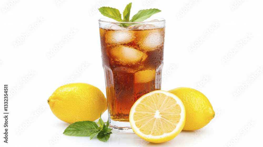 Refreshing iced tea with lemon and mint, served in glass Refreshing iced tea with lemon and mint, served in glass