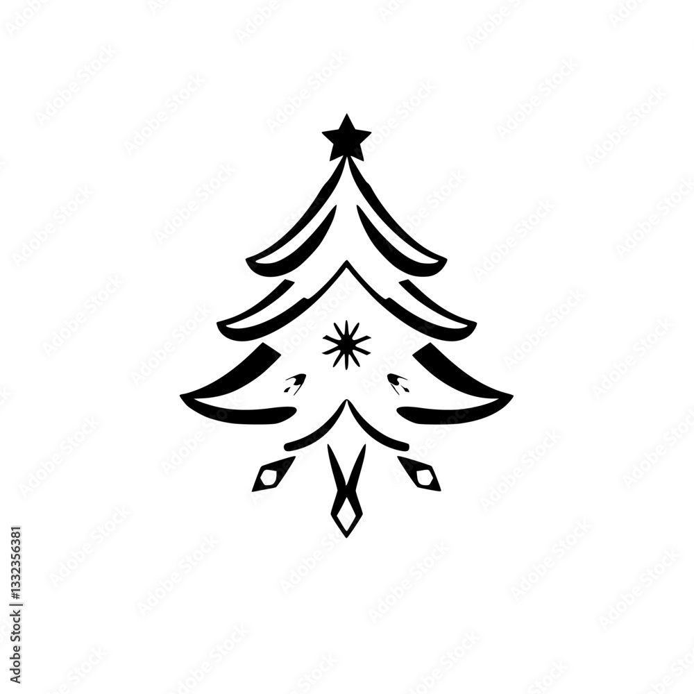Fototapeta premium Minimalist Black and White Christmas Tree Illustration with Star Topper, Snowflake Center, and Geometric Embellishments on White Backdrop.