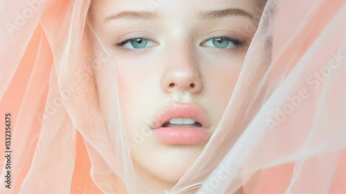 Close-up of a face partially veiled by a sheer curtain, bathed in diffused light, creating a soft and dreamy atmosphere against a pastel background