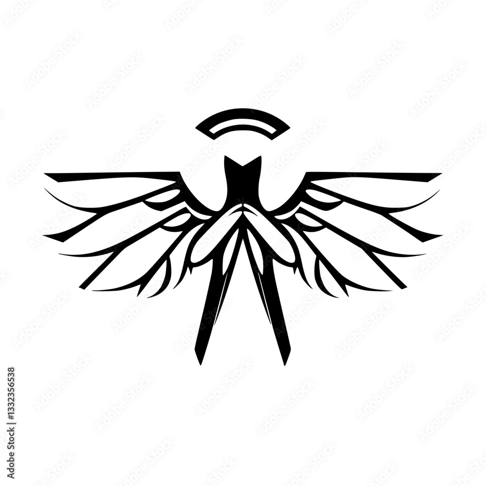 A stylized black and white graphic emblem depicting a symmetrical avian-like figure with spread wings and a halo, on a pristine white background. A stylized black and white graphic emblem depicting a symmetrical avian-like figure with spread wings and a halo, on a pristine white background.