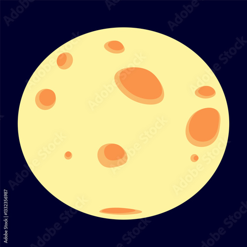 Beautiful cartoon moon isolated on dark blue background. There are meteorite craters on moon's surface. Cosmic body. Moonlit night sky. One icon. Flat design. Yellow and orange colors.