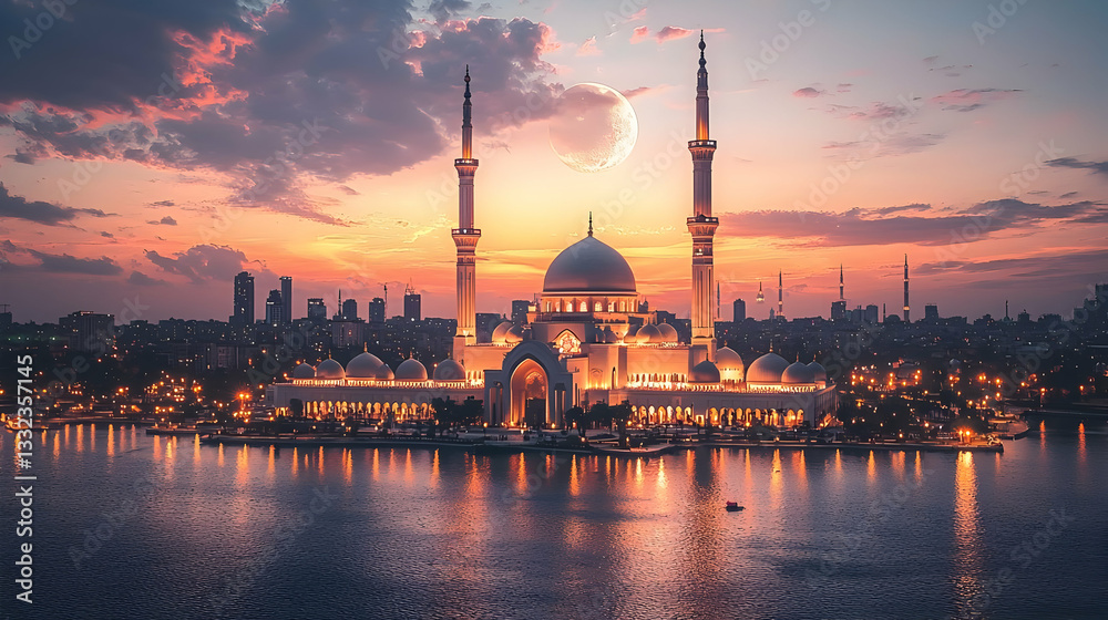 Obraz premium Illuminated Mosque at Sunset Over City Water
