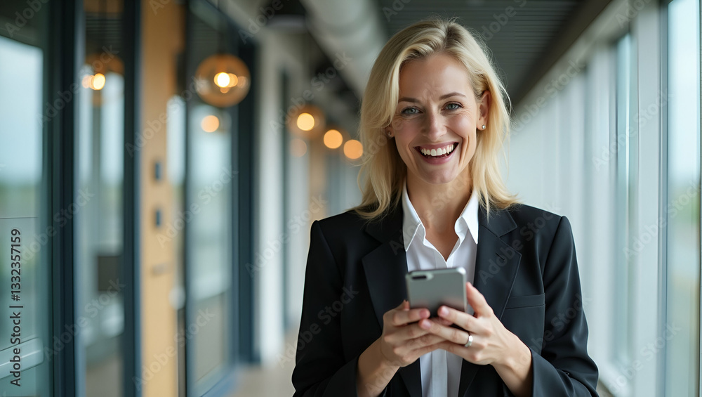Empowered Middle-Aged Businesswoman: Smiling Entrepreneur Using Smartphone in Office Hallway - A Cute Vector Illustration of Professionalism and Success Empowered Middle-Aged Businesswoman: Smiling Entrepreneur Using Smartphone in Office Hallway - A Cute Vector Illustration of Professionalism and Success