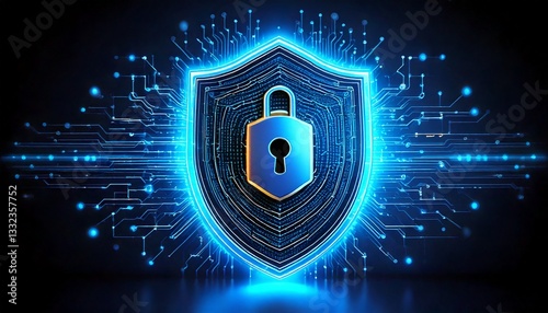AI and cybersecurity: a glowing digital lock with a shield, dark background, neon accents, and space for tech or security-related text.