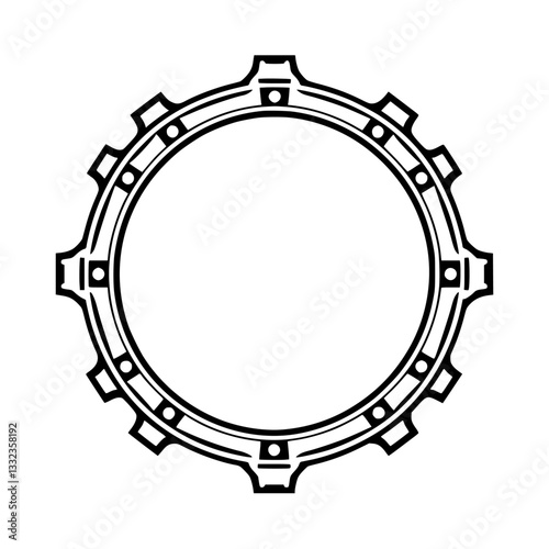 Black and white, detailed gear-like circular illustration with ornate designs, resembling a mechanical emblem or decorative element on a white background.
