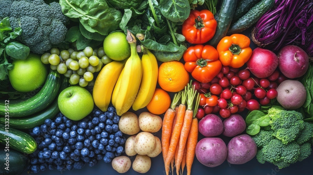 A vibrant rainbow of fruits and vegetables, showcasing the diversity in colors for healthy eating and dieting, with each color representing different types of fresh produce including green apples, yel A vibrant rainbow of fruits and vegetables, showcasing the diversity in colors for healthy eating and dieting, with each color representing different types of fresh produce including green apples, yel