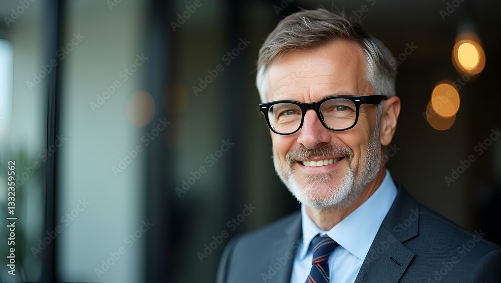 Fototapeta premium Confident 45-Year-Old Male CEO in Glasses: A Flat Vector Illustration of Trust and Leadership