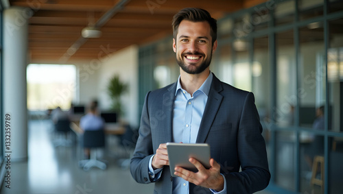 Smiling Professional Latin Male Project Manager in Office: Cute Flat Vector Illustration of Young Businessman Using Tablet for Work Success