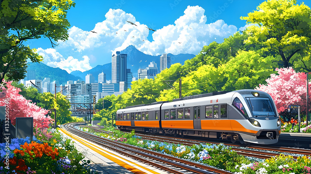 Naklejka premium Modern Train on Scenic Railway Track Through Vibrant Cityscape