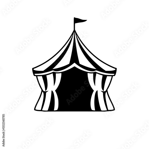 Silhouette of a classic circus tent with striped roof, open front, and flag on top, set against a pure white background.