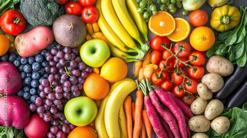 A vibrant rainbow of fruits and vegetables, showcasing the diversity in colors for healthy eating and dieting, with each color representing different types of fresh produce including green apples, yel A vibrant rainbow of fruits and vegetables, showcasing the diversity in colors for healthy eating and dieting, with each color representing different types of fresh produce including green apples, yel
