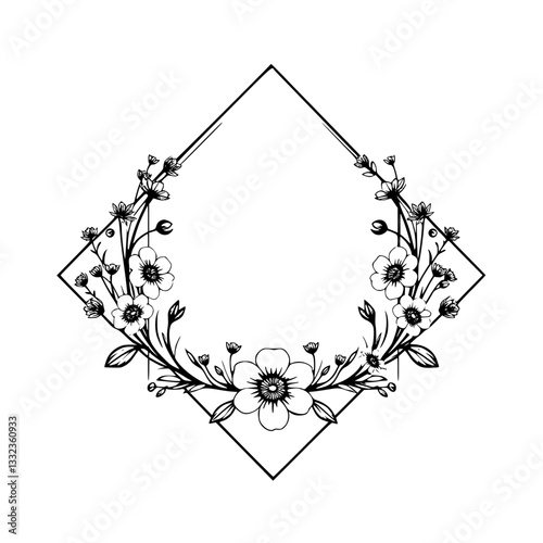 Elegant Black and White Floral Wreath Border Design, Flowers and Leaves Enclosing a Diamond Frame with Detailed Petals, Delicate Composition.
